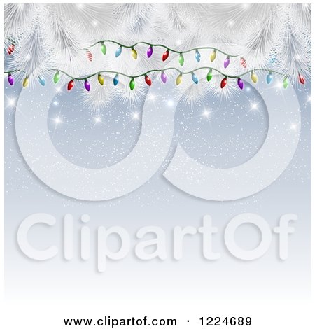 Clipart of a Snow Background Framed with Christmas Lights Sparkles and Flocked Christmas Tree Branches - Royalty Free Vector Illustration by KJ Pargeter