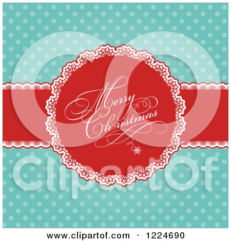 Clipart of a Retro Merry Christmas Greeting Ribbon over Turquoise Polka Dots - Royalty Free Vector Illustration by KJ Pargeter