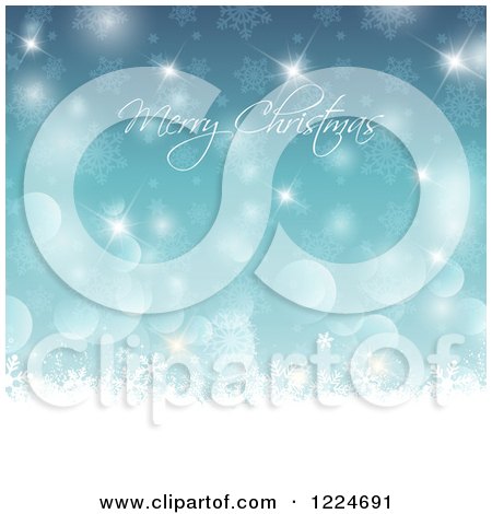 Clipart of a Merry Christmas Greeting over Blue Sparkles Snowflakes and Bokeh - Royalty Free Vector Illustration by KJ Pargeter