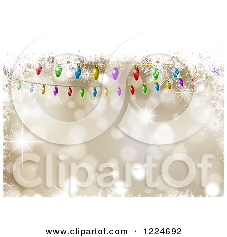 Clipart of a Golden Background Framed with Christmas Lights Sparkles and Snowflakes - Royalty Free Vector Illustration by KJ Pargeter