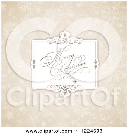 Clipart of a Merry Christmas Greeting Frame over Tan Snowflakes Flares and Stars - Royalty Free Vector Illustration by KJ Pargeter