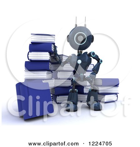 Clipart of a 3d Blue Android Robot With Books - Royalty Free Illustration by KJ Pargeter