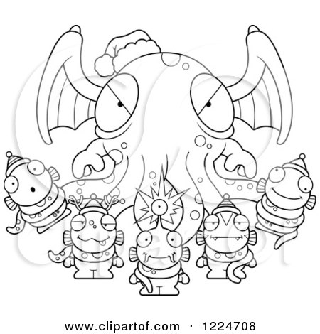 Clipart of an Outlined Winged Tentacled Christmas Monster Holding Little Monsters - Royalty Free Vector Illustration by Cory Thoman