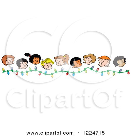 Clipart of Border of Happy Diverse Boy and Girl Faces and Christmas Lights - Royalty Free Vector Illustration by Johnny Sajem