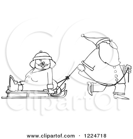 Clipart of an Outlined Santa Pulling Mrs Clause on a Sled - Royalty Free Vector Illustration by djart