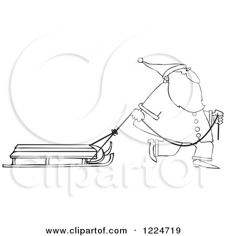 Clipart of an Outlined Santa Pulling a Sled - Royalty Free Vector Illustration by djart