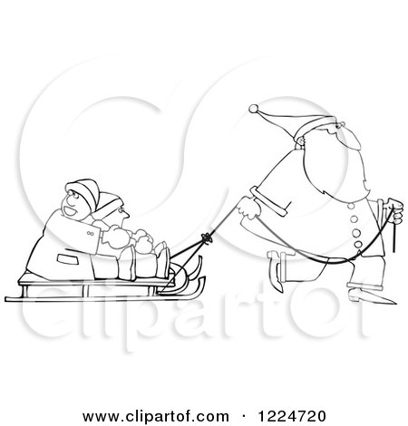 Clipart of an Outlined Santa Pulling Kids on a Sled - Royalty Free Vector Illustration by djart