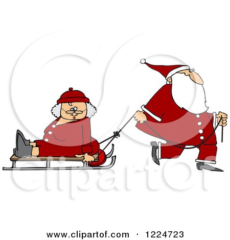 Clipart of Santa Pulling Mrs Clause on a Sled - Royalty Free Vector Illustration by djart