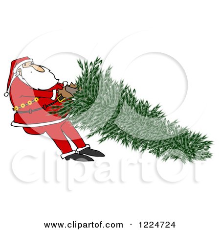 Clipart of Santa Tugging on a Fresh Cut Christmas Tree - Royalty Free Illustration by djart