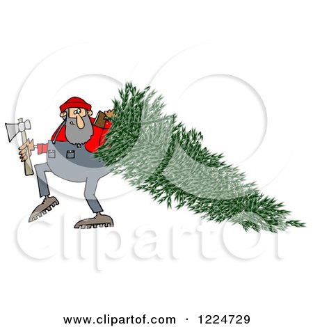 Clipart of a Lumberjack Man Pulling a Fresh Cut Christmas Tree - Royalty Free Illustration by djart