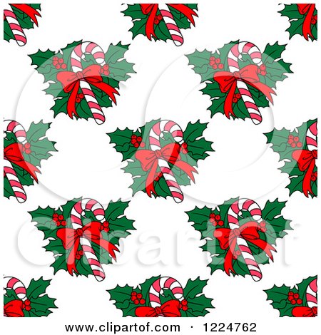 Clipart of a Seamless Christmas Pattern of Candy Canes and Holly 2 - Royalty Free Vector Illustration by Vector Tradition SM