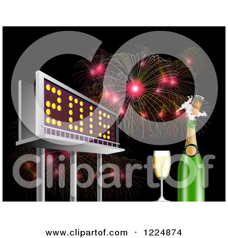 Clipart of a 3d Illuminated 2015 New Year Billboard with Champagne and Bursting Fireworks at Night - Royalty Free Illustration by patrimonio