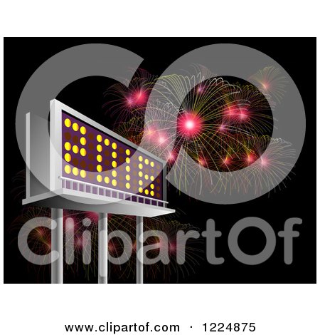 Clipart of a 3d Illuminated 2016 New Year Billboard and Bursting Fireworks at Night - Royalty Free Illustration by patrimonio