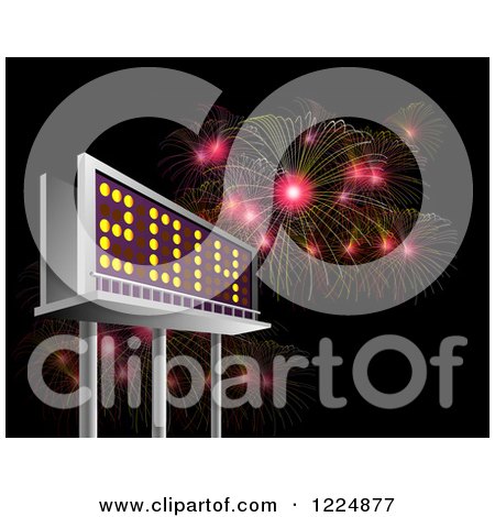 Clipart of a 3d Illuminated 2014 New Year Billboard and Bursting Fireworks at Night - Royalty Free Illustration by patrimonio