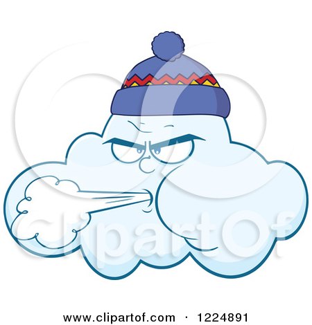 Clipart of a Wind Storm Cloud Blowing and Wearing a Hat - Royalty Free Vector Illustration by Hit Toon