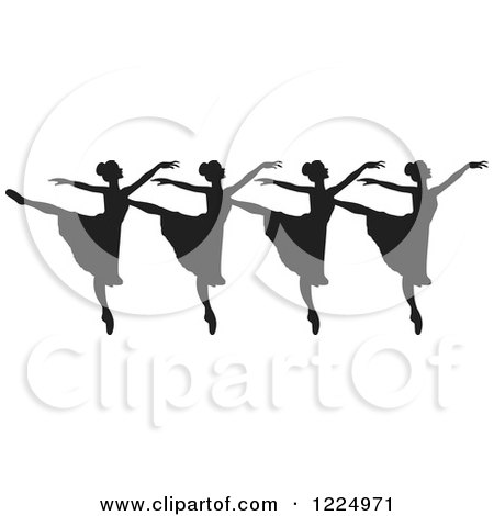 Clipart of Black Silhouetted Ballerina Dancers in a Row - Royalty Free Vector Illustration by Johnny Sajem