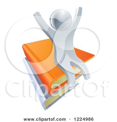 Clipart of a 3d Silver Person Cheering and Sitting on a Stack of Books - Royalty Free Vector Illustration by AtStockIllustration