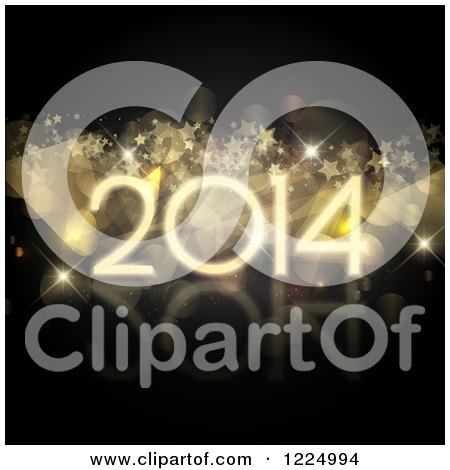 Clipart of a 3d Golden New Year 2014 with Stars and Flares on Black - Royalty Free Vector Illustration by KJ Pargeter