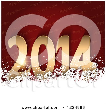 Clipart of a 3d Gold New Year 2014 over Red Text and White Snowflakes - Royalty Free Vector Illustration by KJ Pargeter