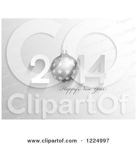 Clipart of a 3d Grayscale Happy New Year 2014 Greeting with a Bauble over Gray Text - Royalty Free Vector Illustration by KJ Pargeter
