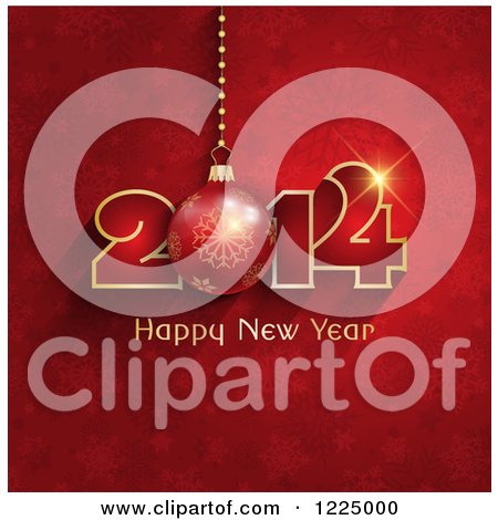Clipart of a 3d Bauble Happy New Year 2014 Greeting on Red Snowflakes - Royalty Free Vector Illustration by KJ Pargeter