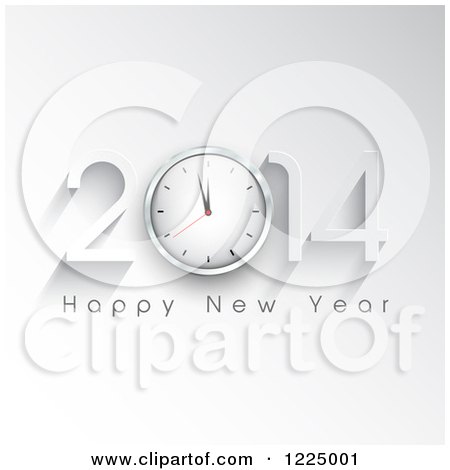 Clipart of a Happy New Year 2014 Greeting with a Clock on Gray - Royalty Free Vector Illustration by KJ Pargeter