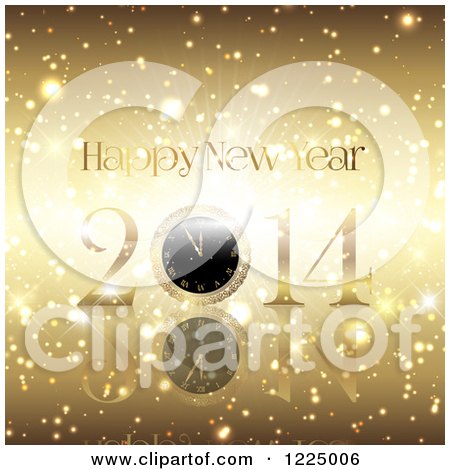 Clipart of a Golden Burst Happy New Year 2014 Clock Greeting - Royalty Free Vector Illustration by KJ Pargeter