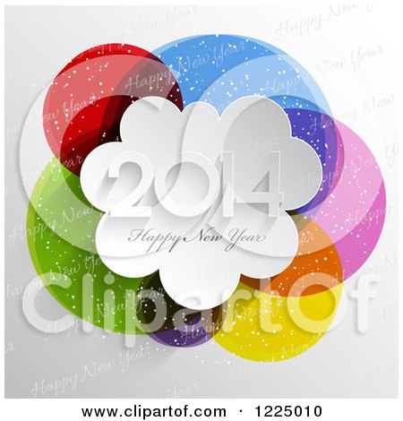 Clipart of a 3d Happy New Year 2014 Greeting over Colorful Circles with Snow and Text - Royalty Free Vector Illustration by KJ Pargeter
