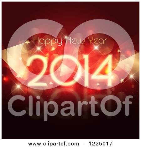 Clipart of a Happy New Year 2014 Greeting over Flares and Stars on Red - Royalty Free Vector Illustration by KJ Pargeter
