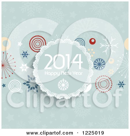 Clipart of a Happy New Year 2014 Greeting Circle over Green Snowflakes and Retro Circles - Royalty Free Vector Illustration by KJ Pargeter