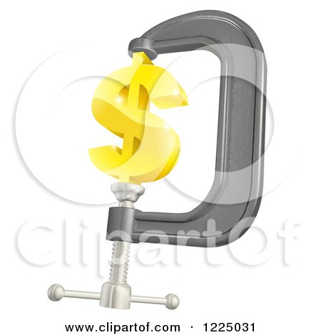 Clipart of a 3d Gold Dollar Symbol in a Clamp - Royalty Free Vector Illustration by AtStockIllustration