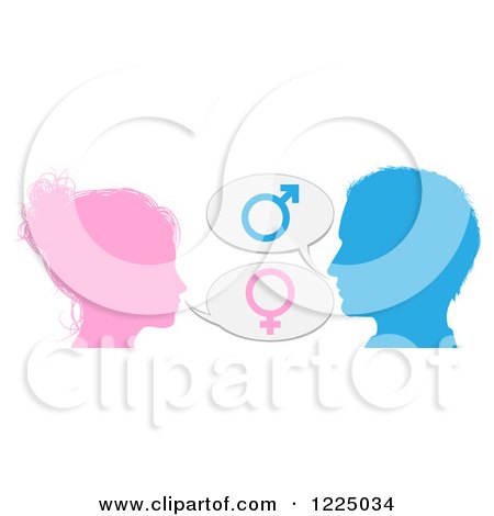 Clipart of a Silhouetted Talking Man and Woman with Gender Balloons - Royalty Free Vector Illustration by AtStockIllustration