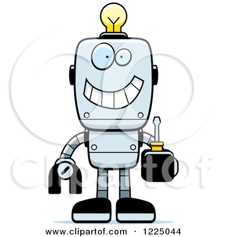 Clipart of a Happy Metal Robot with a Light Bulb Brain, Holding a Screwdriver - Royalty Free Vector Illustration by Cory Thoman