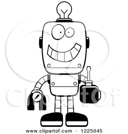 Clipart of an Outlined Happy Metal Robot with a Light Bulb Brain, Holding a Screwdriver - Royalty Free Vector Illustration by Cory Thoman