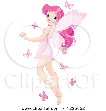 Clipart of a Pretty Pink Fairy Flying with Butterflies - Royalty Free Vector Illustration by Pushkin