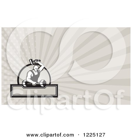 Clipart of a Retro Blacksmith Forging a Dumbbell Background or Business Card Design - Royalty Free Illustration by patrimonio