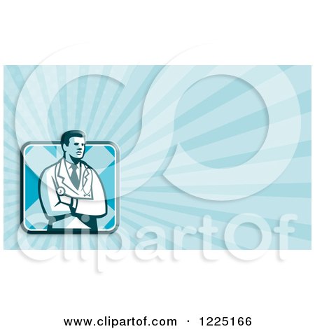 Clipart of a Retro Male Doctor and Blue Rays Background or Business Card Design - Royalty Free Illustration by patrimonio