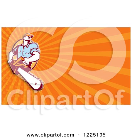 Clipart of a Retro Arborist with a Chainsaw over Orange Rays Background or Business Card Design - Royalty Free Illustration by patrimonio