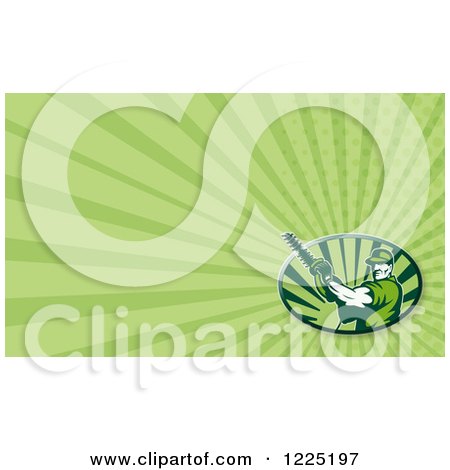 Clipart of a Retro Arborist with a Chainsaw over Green Rays Background or Business Card Design - Royalty Free Illustration by patrimonio