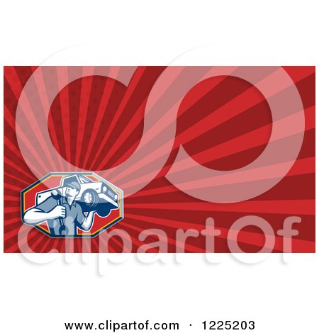 Clipart of a Retro Mechanic Holding a Truck Background or Business Card Design - Royalty Free Illustration by patrimonio