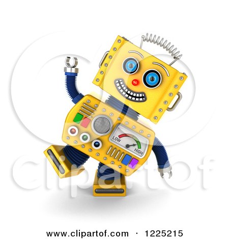 Clipart of a 3d Goofy Yellow Retro Robot - Royalty Free Illustration by stockillustrations