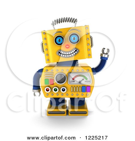 Clipart of a 3d Friendly Waving Yellow Retro Robot - Royalty Free Illustration by stockillustrations