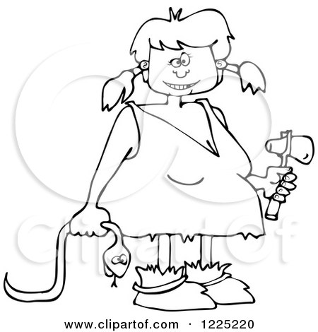 Clipart of an Outlined Cave Girl Holding a Snake and Hammer - Royalty Free Vector Illustration by djart