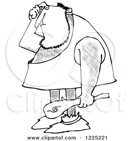Clipart of an Outlined Dumb Caveman Scratching His Head and Holding a Club - Royalty Free Vector Illustration by djart