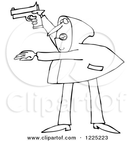 Clipart of an Outlined Armed Robber Man in a Hoodie - Royalty Free Vector Illustration by djart