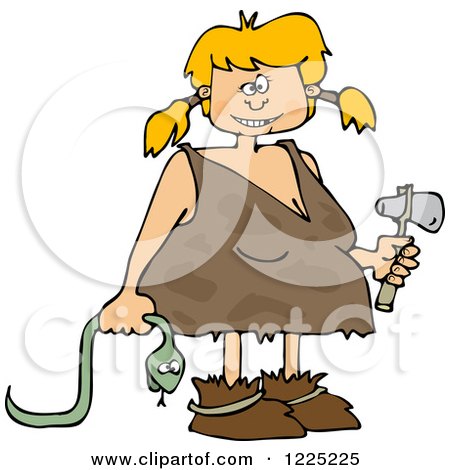 Clipart of a Cave Girl Holding a Snake and Hammer - Royalty Free Vector Illustration by djart