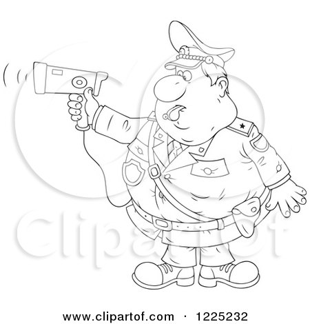 Clipart of an Outlined Chubby Police Offer Blowing a Whistle and Holding a Radar Gun - Royalty Free Vector Illustration by Alex Bannykh