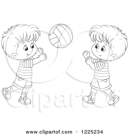 Clipart of Outlined Two Happy Boys Playing Catch - Royalty Free Vector Illustration by Alex Bannykh