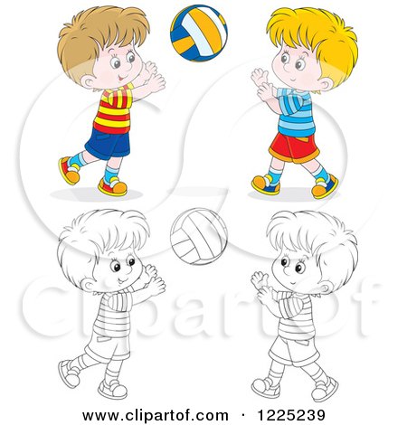 Clipart of Outlined and Coored Happy Boys Playing Catch - Royalty Free Vector Illustration by Alex Bannykh