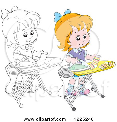 Clipart of an Outlined and Colored Girl Ironing Socks - Royalty Free Vector Illustration by Alex Bannykh